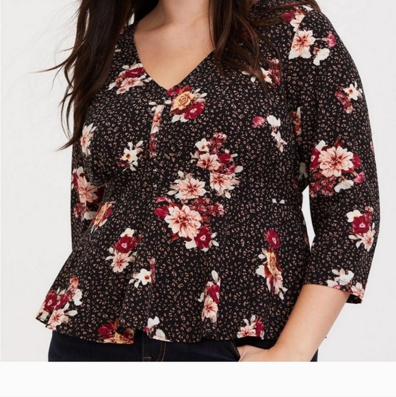 torrid Tops - Torrid Blouse Top Size 3 22-24 Peplum Black Floral 3/4 Sleeve Romantic Coquete